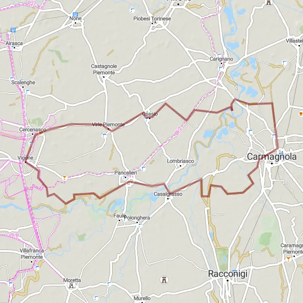Zemljevid v pomanjšavi "Vigone - Cercenasco - Osasio - Carmagnola - Pancalieri - Gunia Alta" kolesarske inspiracije v Piemonte, Italy. Generirano z načrtovalcem kolesarskih poti Tarmacs.app
