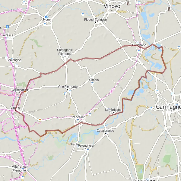 Kartminiatyr av "Grusväg genom Carignano och Lombriasco" cykelinspiration i Piemonte, Italy. Genererad av Tarmacs.app cykelruttplanerare