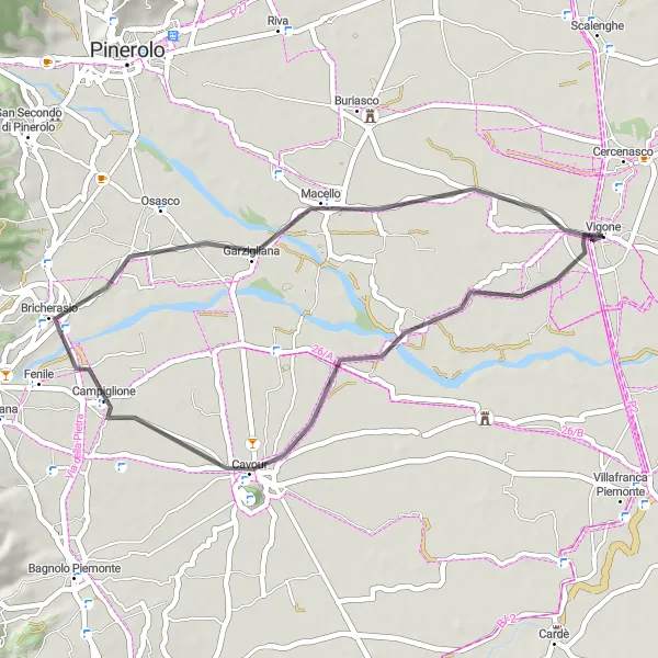 Zemljevid v pomanjšavi "Kolesarska pot od Vigone do Macella" kolesarske inspiracije v Piemonte, Italy. Generirano z načrtovalcem kolesarskih poti Tarmacs.app
