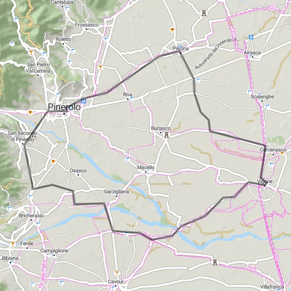 Zemljevid v pomanjšavi "Road Ruta skozi San Secondo di Pinerolo in Cercenasco" kolesarske inspiracije v Piemonte, Italy. Generirano z načrtovalcem kolesarskih poti Tarmacs.app