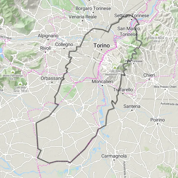 Mapa miniatúra "Vigone - Pancalieri Circuit" cyklistická inšpirácia v Piemonte, Italy. Vygenerované cyklistickým plánovačom trás Tarmacs.app