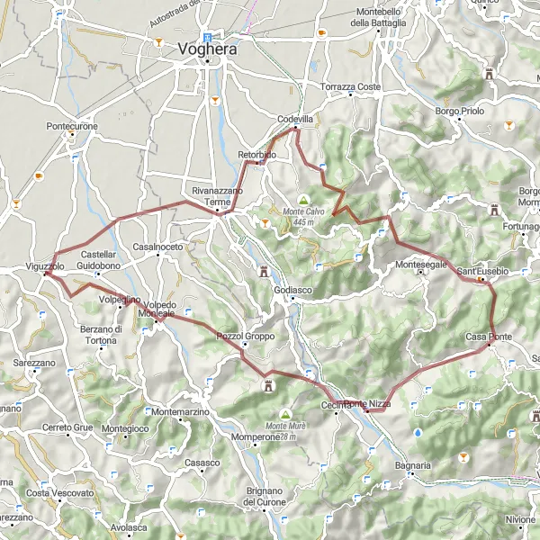 Map miniature of "Exploring the Gravel Terrain" cycling inspiration in Piemonte, Italy. Generated by Tarmacs.app cycling route planner