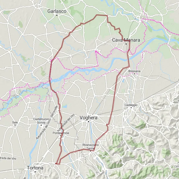 Miniatura della mappa di ispirazione al ciclismo "Rotta in bicicletta fuoristrada verso Rivanazzano Terme" nella regione di Piemonte, Italy. Generata da Tarmacs.app, pianificatore di rotte ciclistiche