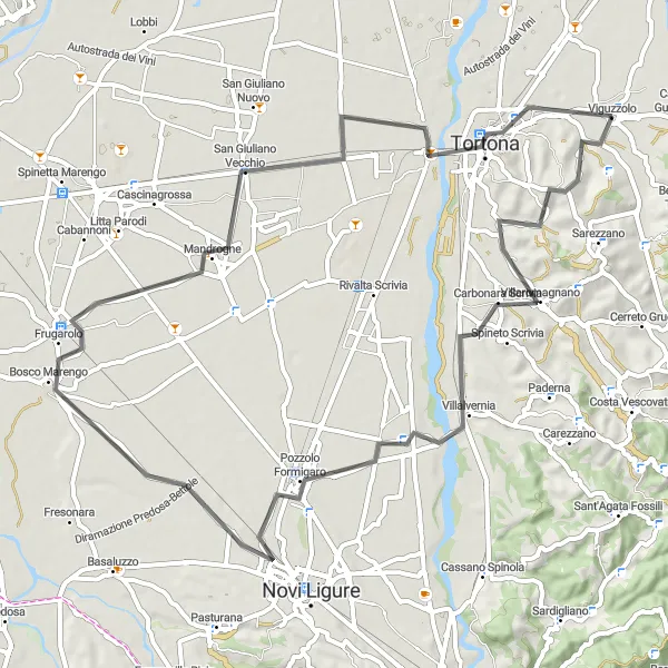 Miniaturní mapa "Prohlídka okolí Viguzzola" inspirace pro cyklisty v oblasti Piemonte, Italy. Vytvořeno pomocí plánovače tras Tarmacs.app