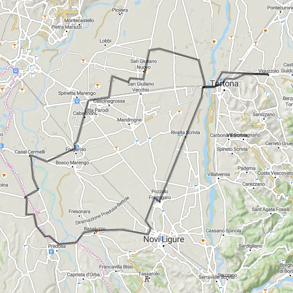 Miniaturní mapa "Okružní cesta kolem Viguzzola" inspirace pro cyklisty v oblasti Piemonte, Italy. Vytvořeno pomocí plánovače tras Tarmacs.app