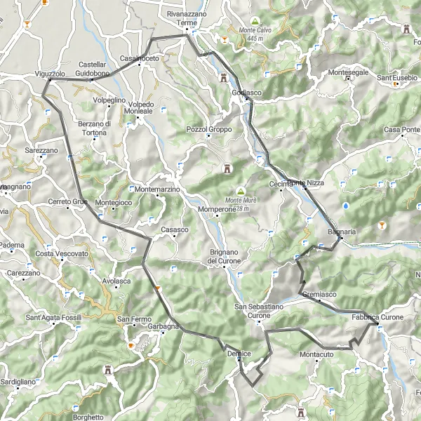 Miniatua del mapa de inspiración ciclista "Ruta de ciclismo de carretera a través de montañas" en Piemonte, Italy. Generado por Tarmacs.app planificador de rutas ciclistas