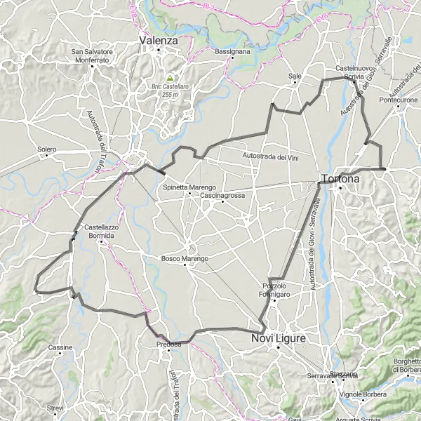 Miniaturní mapa "Cyklotrasa kolem Viguzzola a Alessandrie" inspirace pro cyklisty v oblasti Piemonte, Italy. Vytvořeno pomocí plánovače tras Tarmacs.app