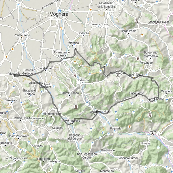 Miniatua del mapa de inspiración ciclista "Desafío ciclístico a través de montes y valles" en Piemonte, Italy. Generado por Tarmacs.app planificador de rutas ciclistas