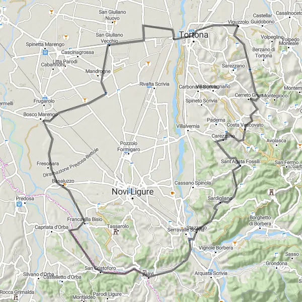 Karttaminiaatyyri "Haastava maantiepyöräreitti Bric delle Streghestä Tortonaan" pyöräilyinspiraatiosta alueella Piemonte, Italy. Luotu Tarmacs.app pyöräilyreittisuunnittelijalla