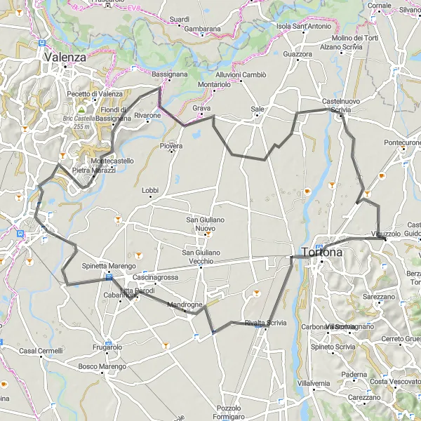 Kartminiatyr av "Vägcykling från Viguzzolo till Castelnuovo Scrivia" cykelinspiration i Piemonte, Italy. Genererad av Tarmacs.app cykelruttplanerare
