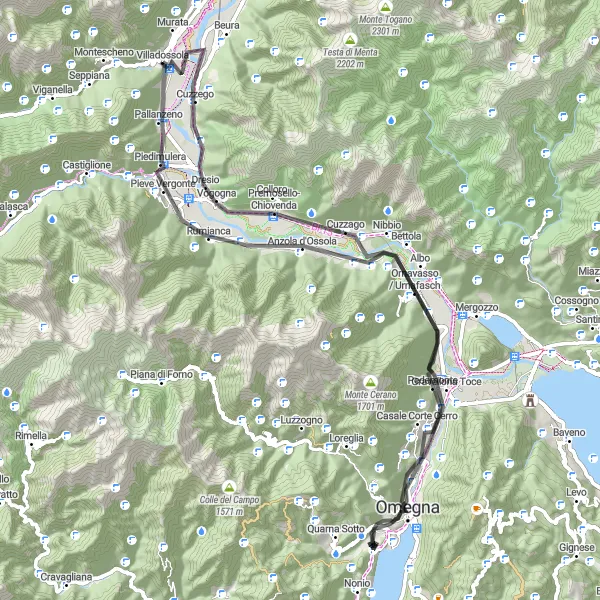 Miniature de la carte de l'inspiration cycliste "Boucle des Montagnes Piémontaises" dans la Piemonte, Italy. Générée par le planificateur d'itinéraire cycliste Tarmacs.app
