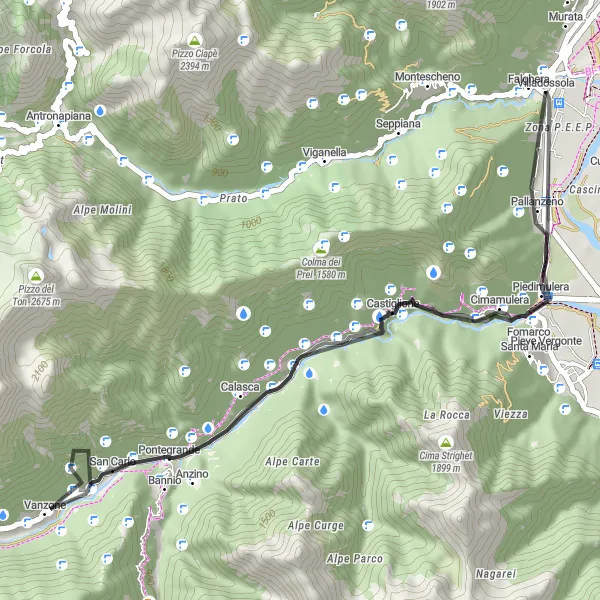 Karttaminiaatyyri "Vuorikierto piedimuleraan" pyöräilyinspiraatiosta alueella Piemonte, Italy. Luotu Tarmacs.app pyöräilyreittisuunnittelijalla
