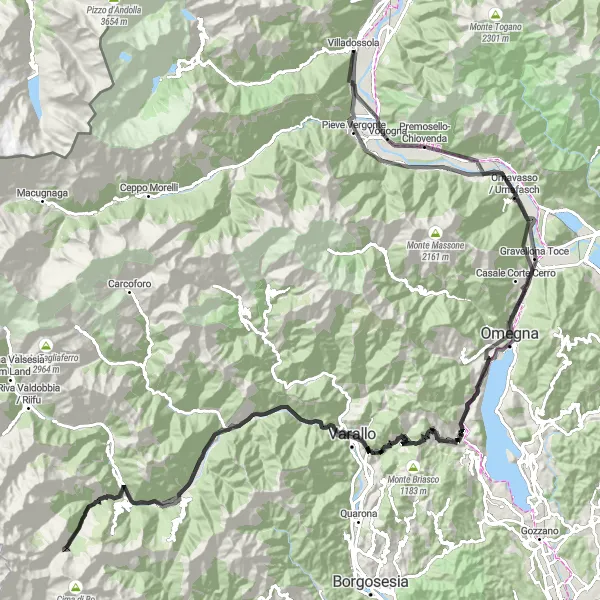 Miniaturní mapa "Okruh kolem Villadossoly" inspirace pro cyklisty v oblasti Piemonte, Italy. Vytvořeno pomocí plánovače tras Tarmacs.app