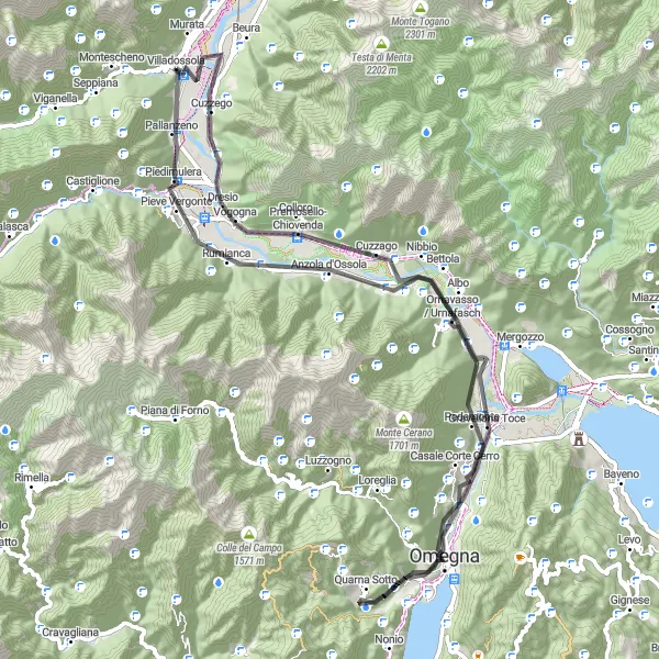 Miniaturní mapa "Okruh kolem Villadossoly" inspirace pro cyklisty v oblasti Piemonte, Italy. Vytvořeno pomocí plánovače tras Tarmacs.app