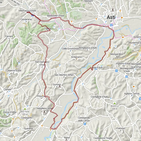 Miniatua del mapa de inspiración ciclista "Ruta de Gravel a Revignano y Tigliole" en Piemonte, Italy. Generado por Tarmacs.app planificador de rutas ciclistas