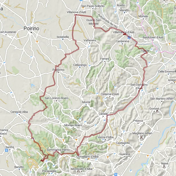 Kartminiatyr av "Villafranca d'Asti - San Damiano d'Asti - Panorama sul Roero - Sommariva Perno - Villanova d'Asti" sykkelinspirasjon i Piemonte, Italy. Generert av Tarmacs.app sykkelrutoplanlegger