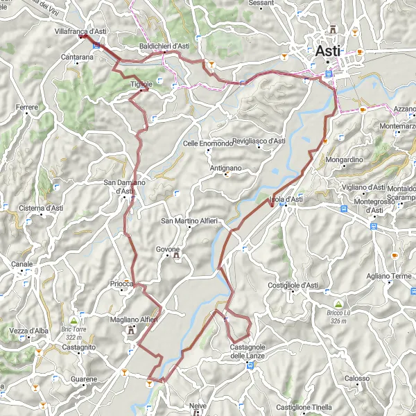 Miniaturní mapa "Gravelová cesta k hradům okolo Villafranca d'Asti" inspirace pro cyklisty v oblasti Piemonte, Italy. Vytvořeno pomocí plánovače tras Tarmacs.app