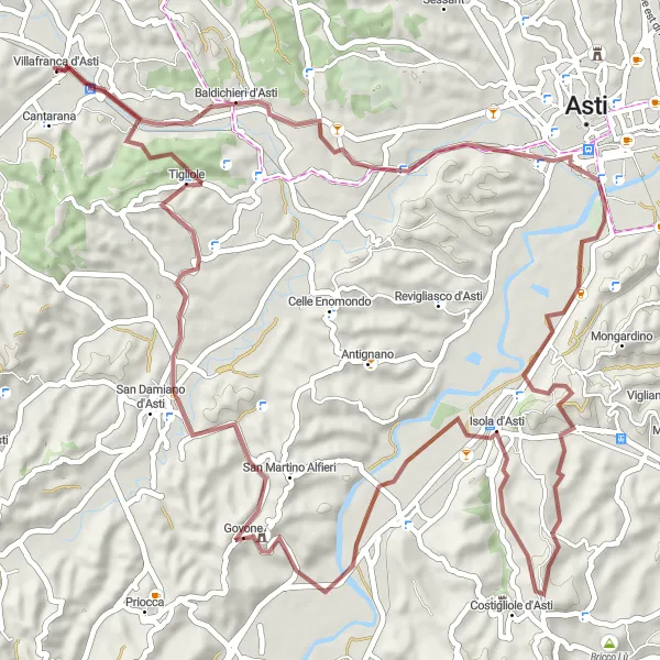 Map miniature of "Roaming around Revignano, Repergo, Govone and Tigliole" cycling inspiration in Piemonte, Italy. Generated by Tarmacs.app cycling route planner