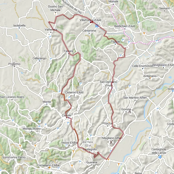 Miniatuurkaart van de fietsinspiratie "Gravelroute Canove - Canale - Ferrere" in Piemonte, Italy. Gemaakt door de Tarmacs.app fietsrouteplanner