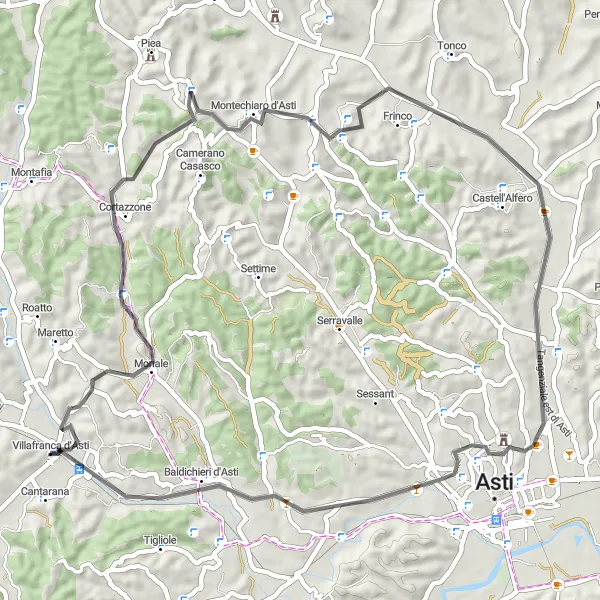 Miniatua del mapa de inspiración ciclista "Ruta de Villafranca a Monale y Baldichieri d'Asti" en Piemonte, Italy. Generado por Tarmacs.app planificador de rutas ciclistas