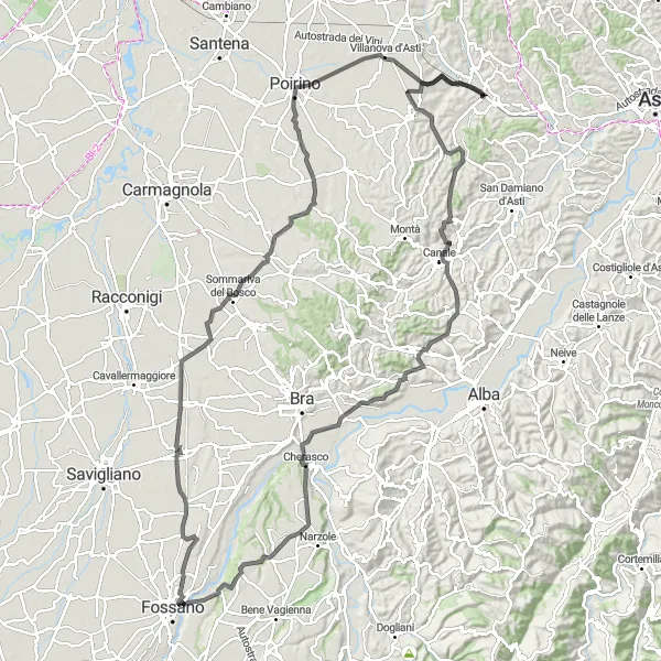 Miniatua del mapa de inspiración ciclista "Ruta de Villafranca a Cherasco y Castello dei Seyssel d'Aix" en Piemonte, Italy. Generado por Tarmacs.app planificador de rutas ciclistas