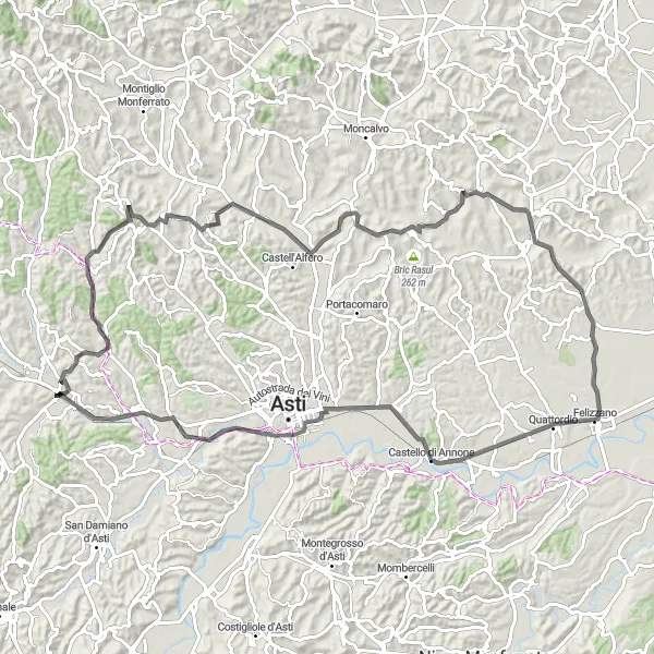 Miniaturekort af cykelinspirationen "Monferrato Explorer Road Route" i Piemonte, Italy. Genereret af Tarmacs.app cykelruteplanlægger