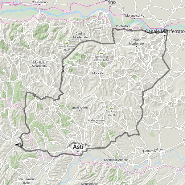Miniaturní mapa "Přírodní krásy a památky okolo Villafranca d'Asti" inspirace pro cyklisty v oblasti Piemonte, Italy. Vytvořeno pomocí plánovače tras Tarmacs.app