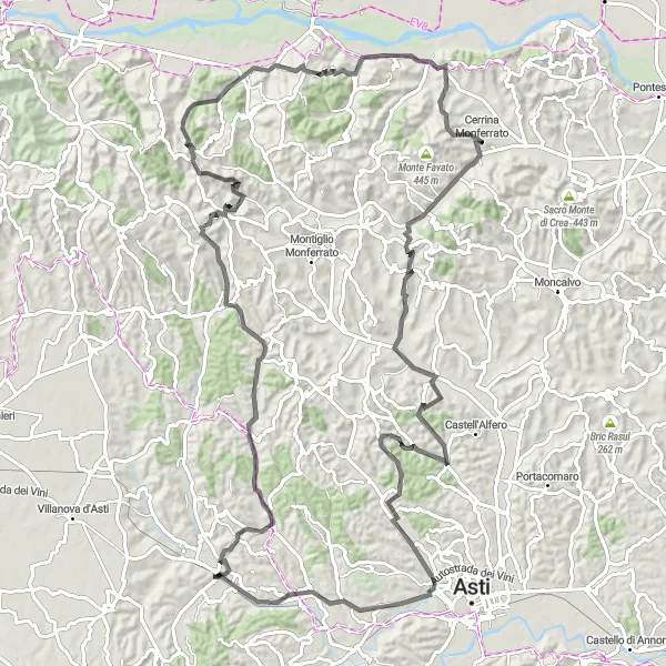 Map miniature of "Cocconato and Baldichieri d'Asti" cycling inspiration in Piemonte, Italy. Generated by Tarmacs.app cycling route planner