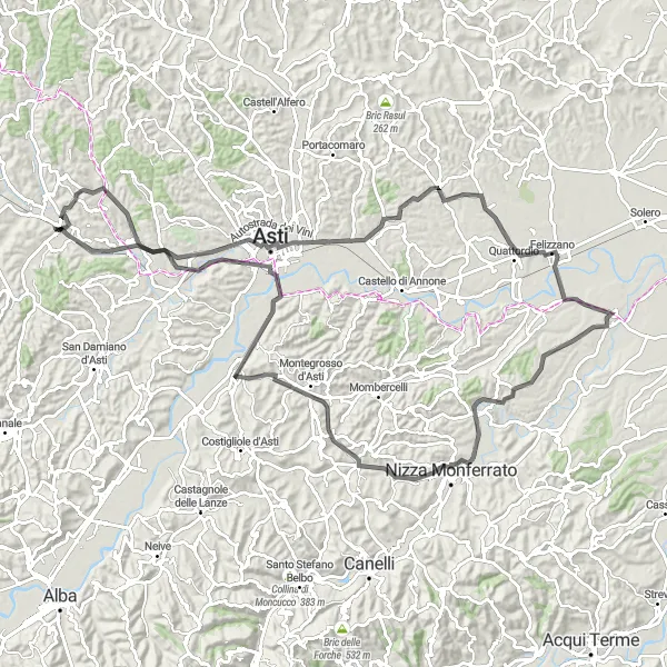Miniaturní mapa "Zámky a vinice okolo Villafranca d'Asti" inspirace pro cyklisty v oblasti Piemonte, Italy. Vytvořeno pomocí plánovače tras Tarmacs.app