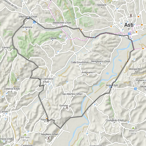 Map miniature of "Journey to Isola d'Asti, Canove, San Damiano d'Asti, and Cantarana" cycling inspiration in Piemonte, Italy. Generated by Tarmacs.app cycling route planner