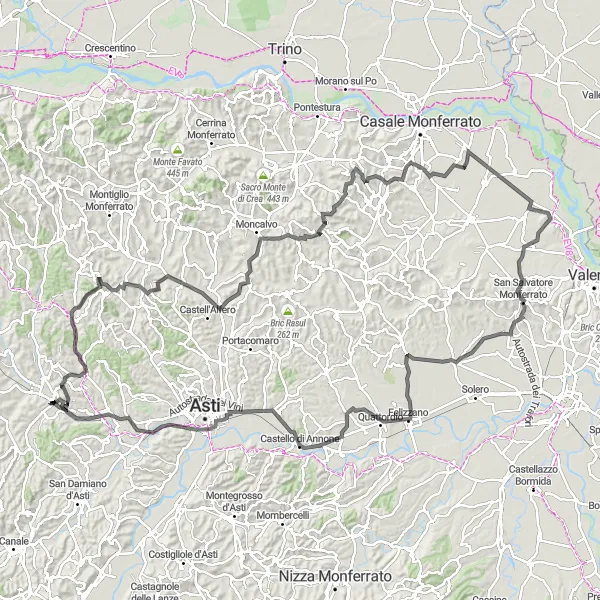 Miniatua del mapa de inspiración ciclista "Gran recorrido por Monferrato" en Piemonte, Italy. Generado por Tarmacs.app planificador de rutas ciclistas