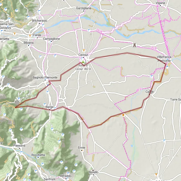 Miniature de la carte de l'inspiration cycliste "Aventure gravillon dans les collines" dans la Piemonte, Italy. Générée par le planificateur d'itinéraire cycliste Tarmacs.app