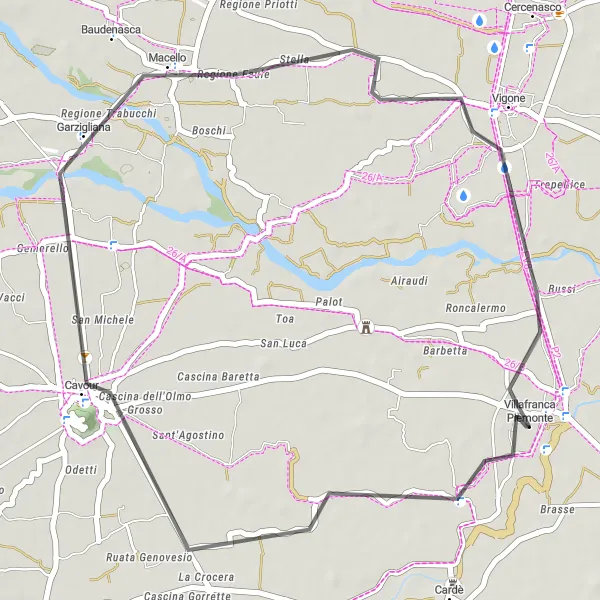 Mapa miniatúra "Trasa cez Garzigliana" cyklistická inšpirácia v Piemonte, Italy. Vygenerované cyklistickým plánovačom trás Tarmacs.app