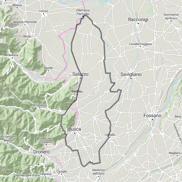 Kartminiatyr av "Utmanande cykeltur till Passatore och Piasco" cykelinspiration i Piemonte, Italy. Genererad av Tarmacs.app cykelruttplanerare