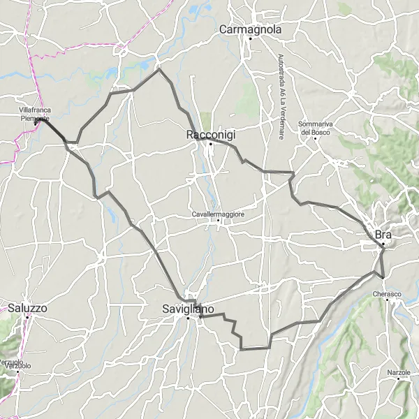 Miniatura della mappa di ispirazione al ciclismo "Tour delle Residenze" nella regione di Piemonte, Italy. Generata da Tarmacs.app, pianificatore di rotte ciclistiche