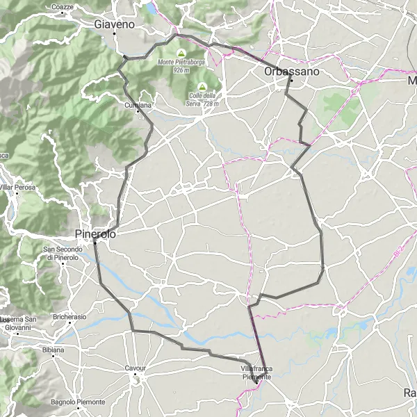 Miniatua del mapa de inspiración ciclista "Ruta en carretera desde Villafranca Piemonte" en Piemonte, Italy. Generado por Tarmacs.app planificador de rutas ciclistas