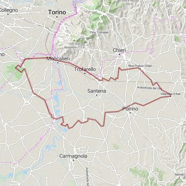 Miniaturní mapa "Gravel do Carignano" inspirace pro cyklisty v oblasti Piemonte, Italy. Vytvořeno pomocí plánovače tras Tarmacs.app
