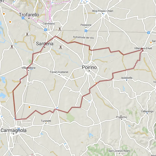 Miniature de la carte de l'inspiration cycliste "Exploration gravel autour de Villanova d'Asti" dans la Piemonte, Italy. Générée par le planificateur d'itinéraire cycliste Tarmacs.app