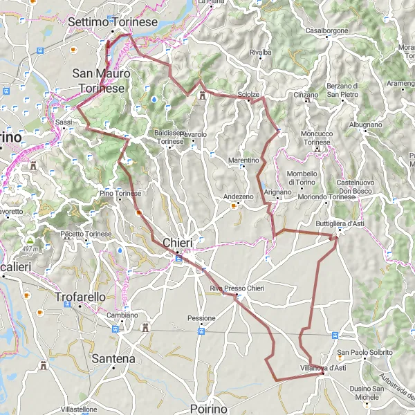Miniature de la carte de l'inspiration cycliste "Aventure gravel à travers les collines piémontaises" dans la Piemonte, Italy. Générée par le planificateur d'itinéraire cycliste Tarmacs.app
