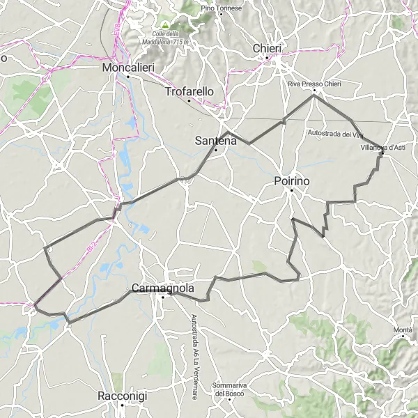 Miniatura della mappa di ispirazione al ciclismo "Giro panoramico da Isolabella a Pessione" nella regione di Piemonte, Italy. Generata da Tarmacs.app, pianificatore di rotte ciclistiche