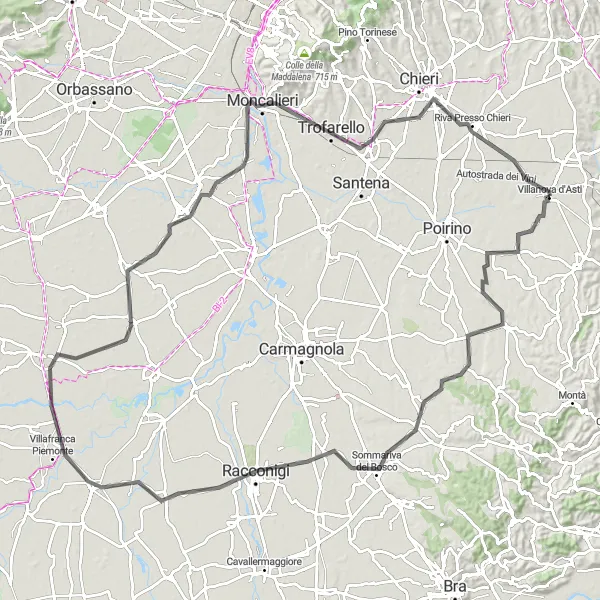 Map miniature of "Road Route 1" cycling inspiration in Piemonte, Italy. Generated by Tarmacs.app cycling route planner