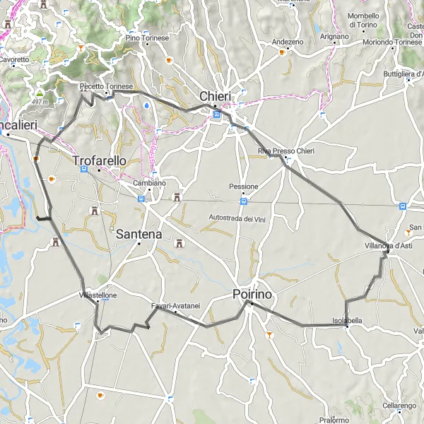 Mapa miniatúra "Okruh cez Poirino, Villastellone a Chieri" cyklistická inšpirácia v Piemonte, Italy. Vygenerované cyklistickým plánovačom trás Tarmacs.app