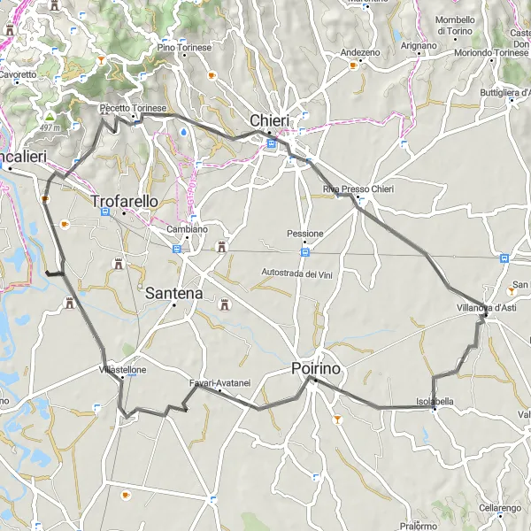 Map miniature of "Charming Villages and Beautiful Countryside" cycling inspiration in Piemonte, Italy. Generated by Tarmacs.app cycling route planner