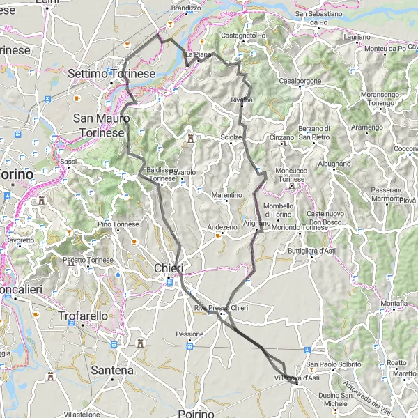 Mapa miniatúra "Kruhová trasa cez Chieri a Arignano" cyklistická inšpirácia v Piemonte, Italy. Vygenerované cyklistickým plánovačom trás Tarmacs.app