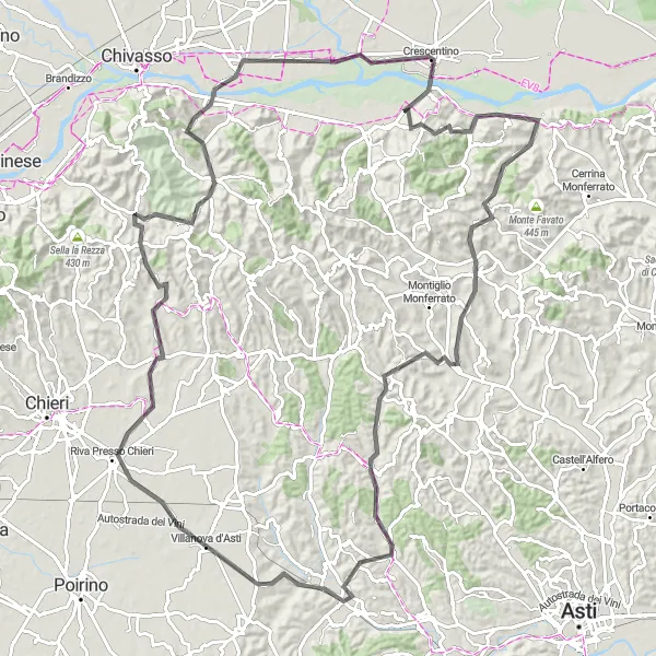 Miniatua del mapa de inspiración ciclista "Ruta de carretera a Villafranca d'Asti" en Piemonte, Italy. Generado por Tarmacs.app planificador de rutas ciclistas