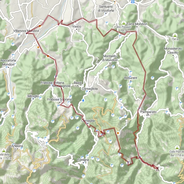 Map miniature of "Bric Camerano, Monte Savino, Reggia di Valcasotto, Monte Alpet, Belvedere, and Frabosa Sottana Gravel Route" cycling inspiration in Piemonte, Italy. Generated by Tarmacs.app cycling route planner