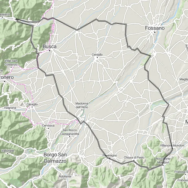 Map miniature of "Villanova Mondovì - Lurisia - Punto Panoramico - Passatore - Rossana - Costigliole Saluzzo - Levaldigi - Sant'Albano Stura" cycling inspiration in Piemonte, Italy. Generated by Tarmacs.app cycling route planner