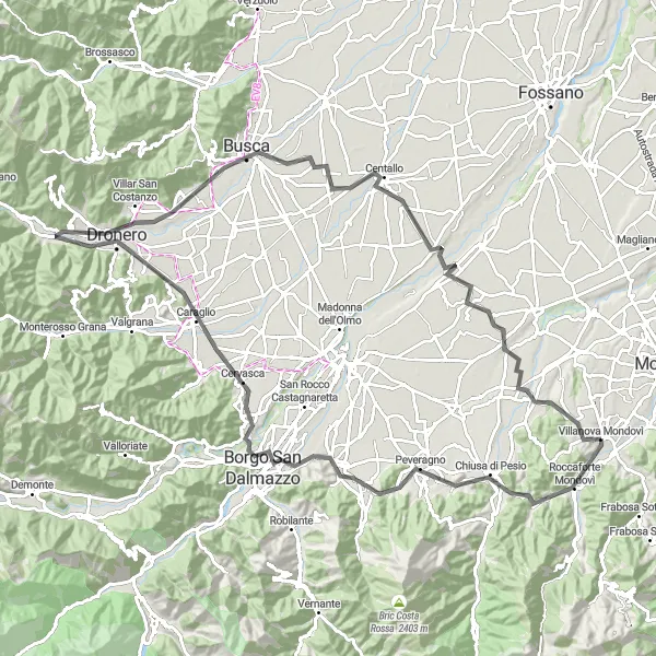 Kartminiatyr av "Villanova Mondovì til Villavecchia Rundtur" sykkelinspirasjon i Piemonte, Italy. Generert av Tarmacs.app sykkelrutoplanlegger