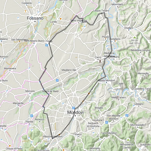 Miniatua del mapa de inspiración ciclista "Villanova-Mondovì-Lequio Tanaro-Piozzo" en Piemonte, Italy. Generado por Tarmacs.app planificador de rutas ciclistas