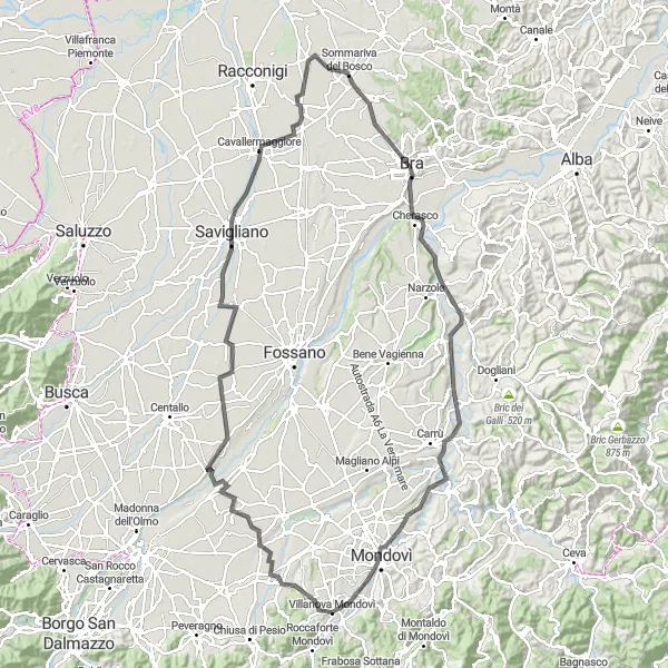 Miniatua del mapa de inspiración ciclista "Villanova Mondovì - Murazzo - Savigliano - Cavallermaggiore - La Zizzola - Meane - Mondovì" en Piemonte, Italy. Generado por Tarmacs.app planificador de rutas ciclistas